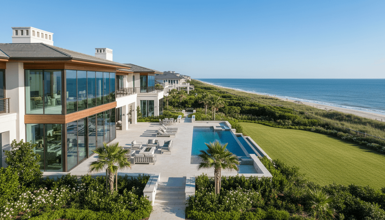 Elegant coastal estate in Myrtle Beach with well-maintained landscaping and sophisticated architecture