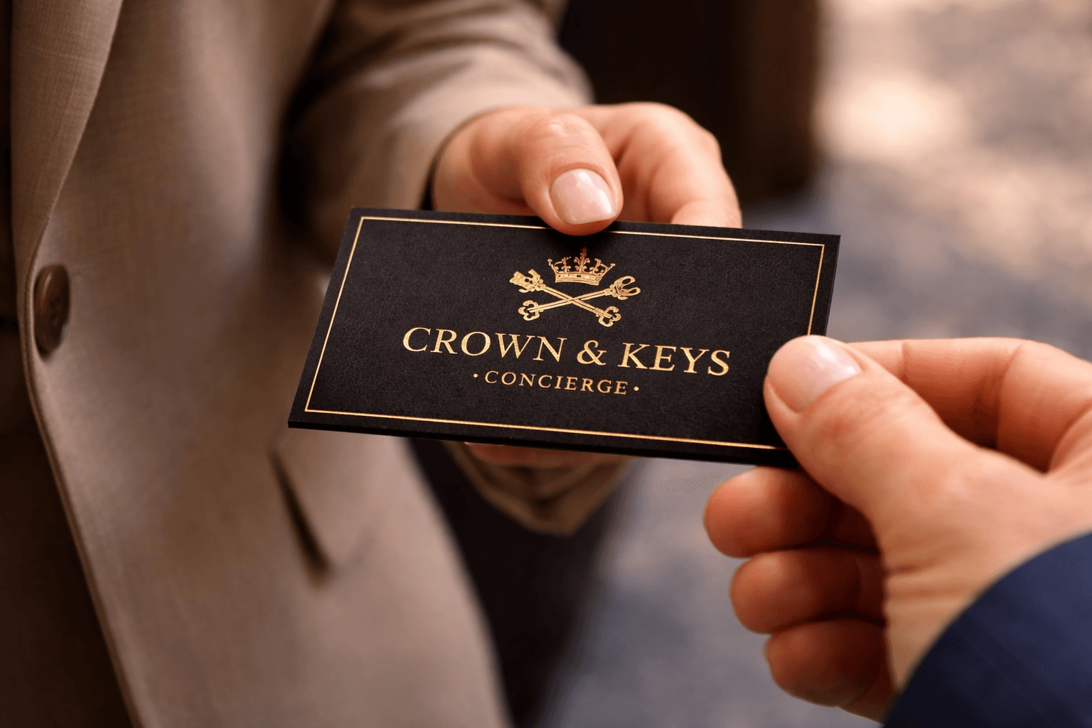 Hands exchanging a black business card with gold Crown and Keys Concierge logo and lettering.