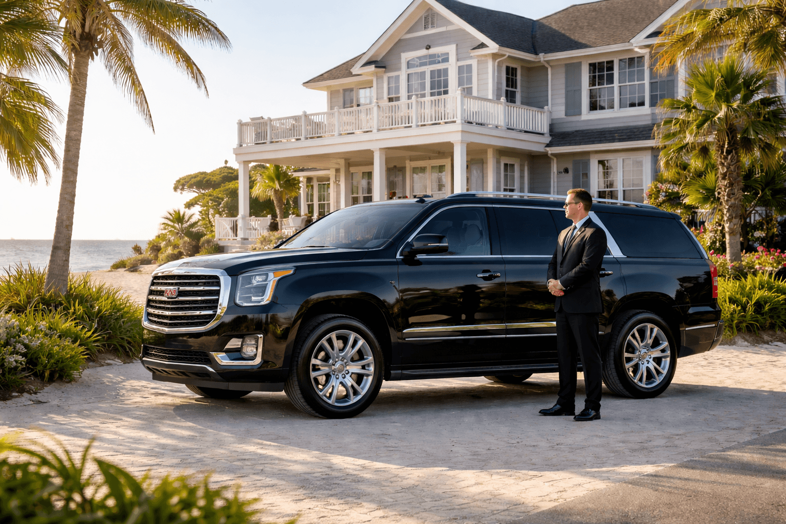 Black GMC Yukon parked outside a coastal mansion with a professional chauffeur standing nearby.